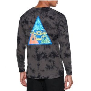 HUF Men’s Grey Black Acid Tie Dye Cotton Long Sleeve Crew Neck Skull T-Shirt